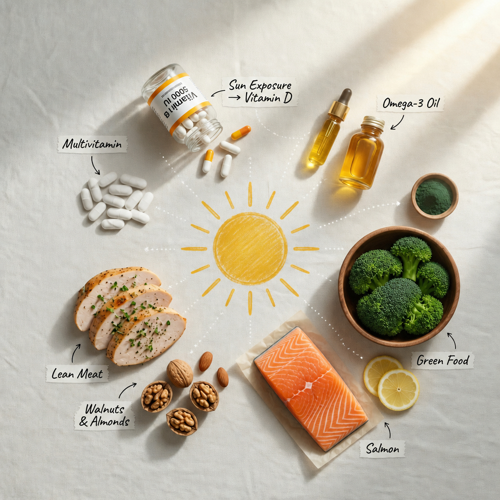 Still life of whole foods and supplements: multivitamin, vitamin D, omega-3 oil, salmon, broccoli, lean meat, walnuts and almonds